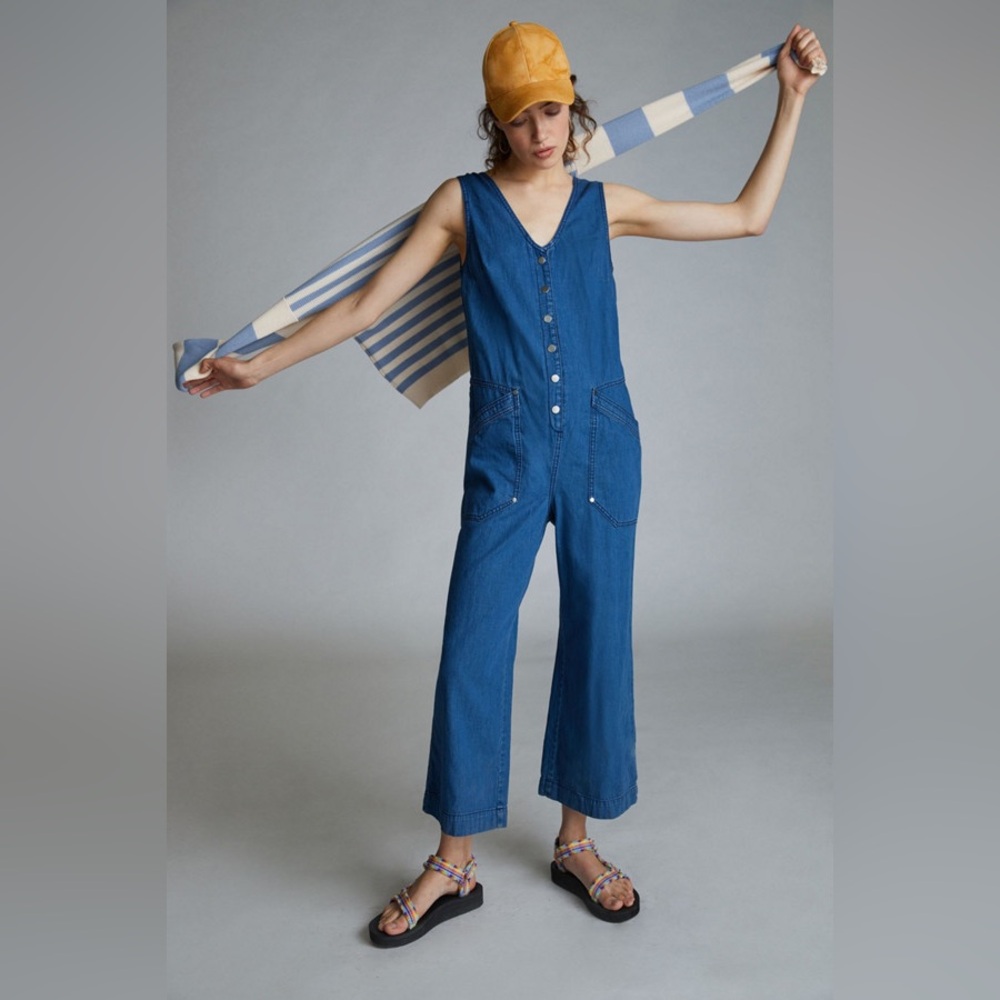 Anthropologie Blue Denim Button-Front Jumpsuit